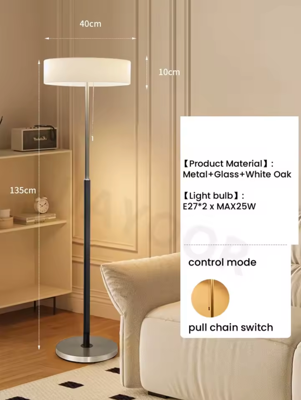 Modern Black Frosted Glass Floor Lamp with Pull Chain