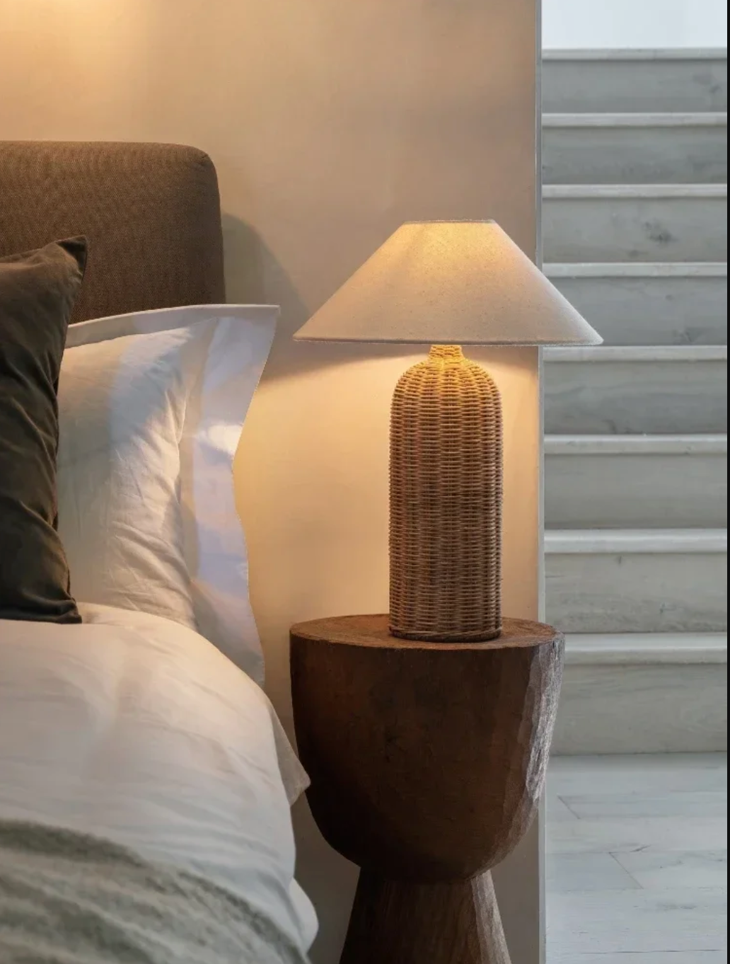 Modern Rattan Table Lamp with Fabric Shade for Bedroom