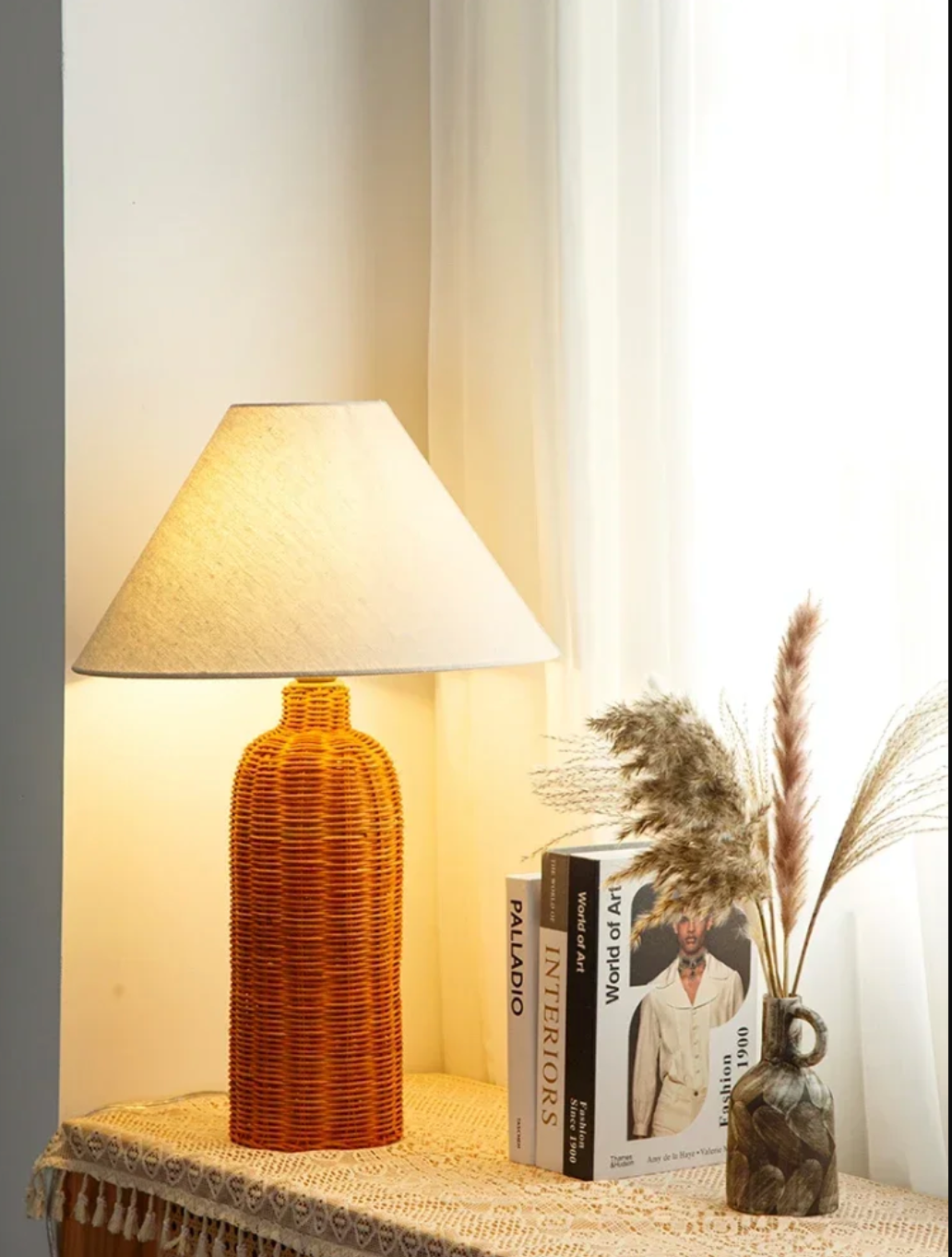 Modern Rattan Table Lamp with Fabric Shade for Bedroom