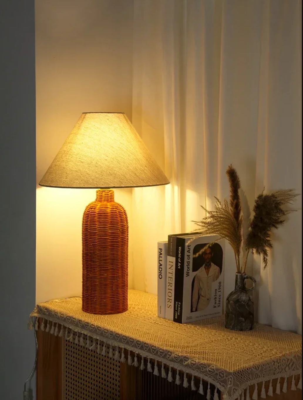 Modern Rattan Table Lamp with Fabric Shade for Bedroom