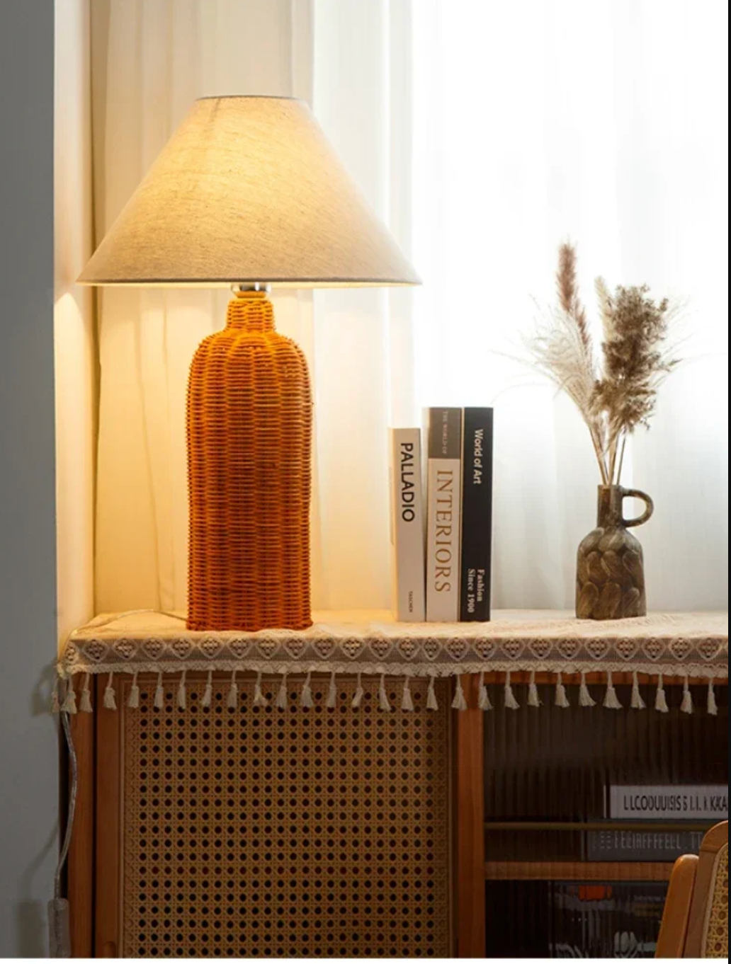 Modern Rattan Table Lamp with Fabric Shade for Bedroom