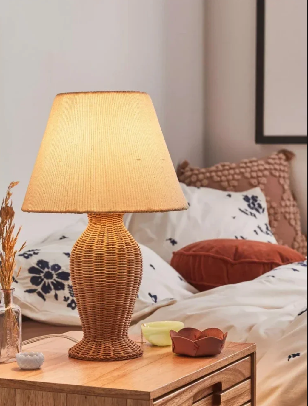 Modern Rattan Table Lamp with Fabric Shade for Bedroom