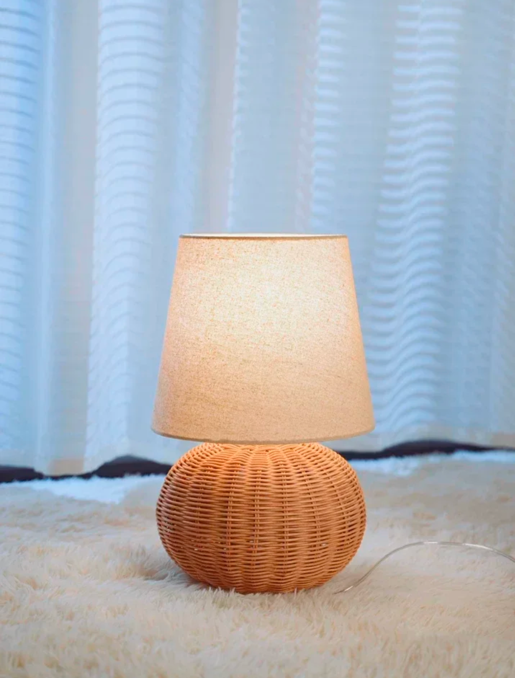 Modern Rattan Table Lamp with Fabric Shade for Bedroom