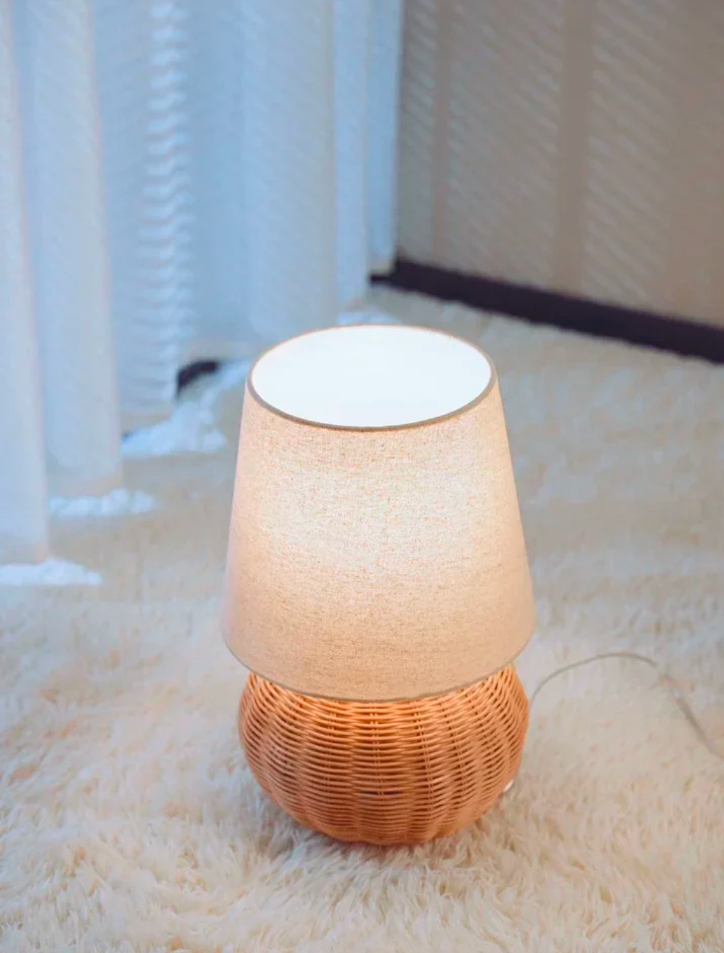Modern Rattan Table Lamp with Fabric Shade for Bedroom