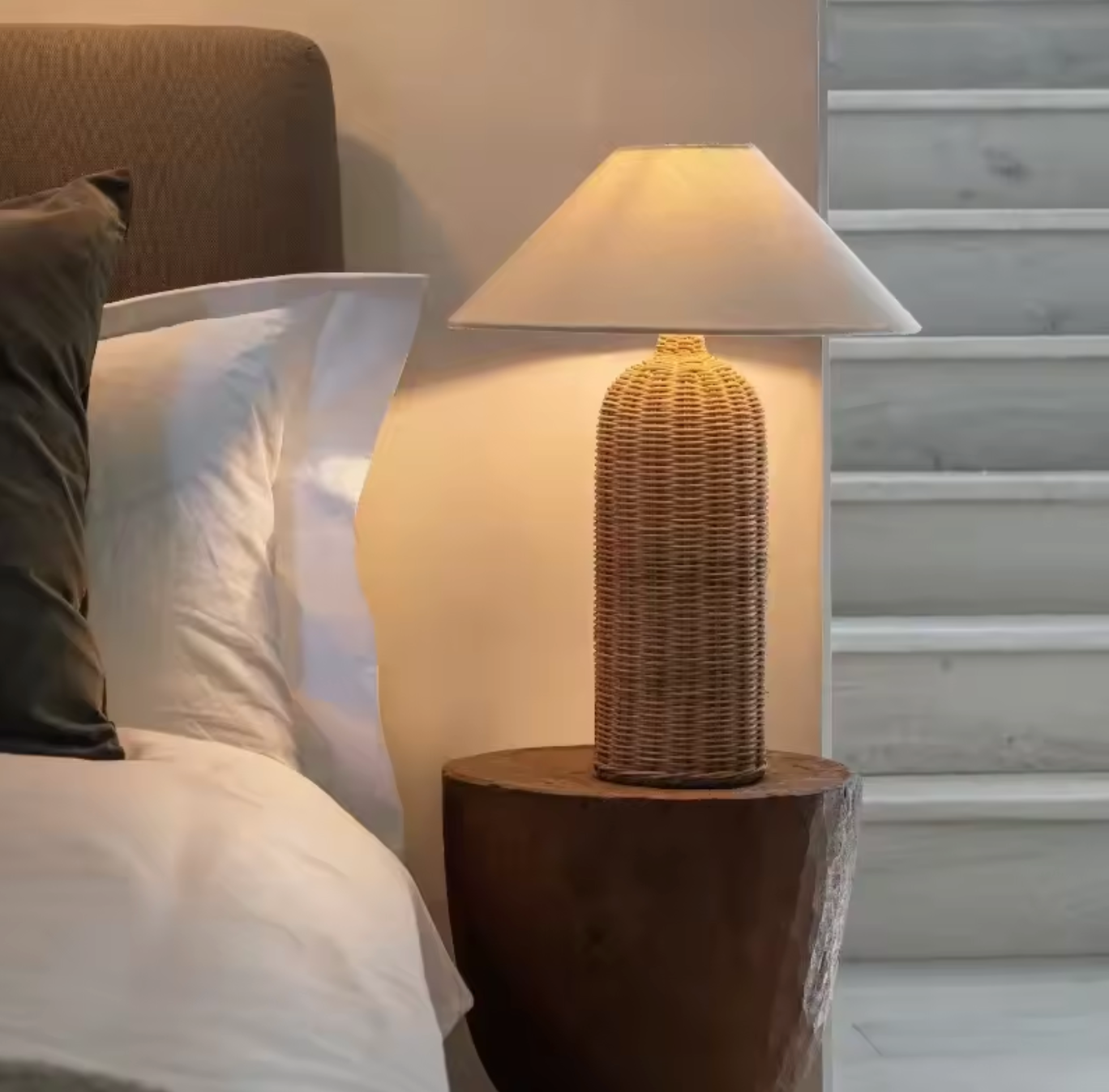 Modern Rattan Table Lamp with Fabric Shade for Bedroom