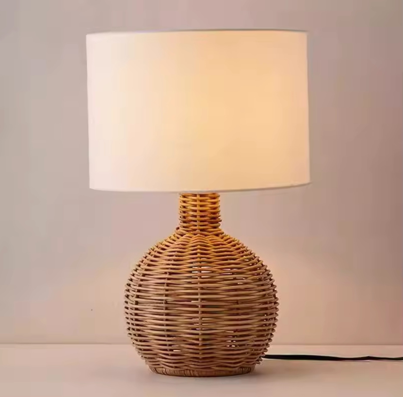 Modern Rattan Table Lamp with Fabric Shade for Bedroom