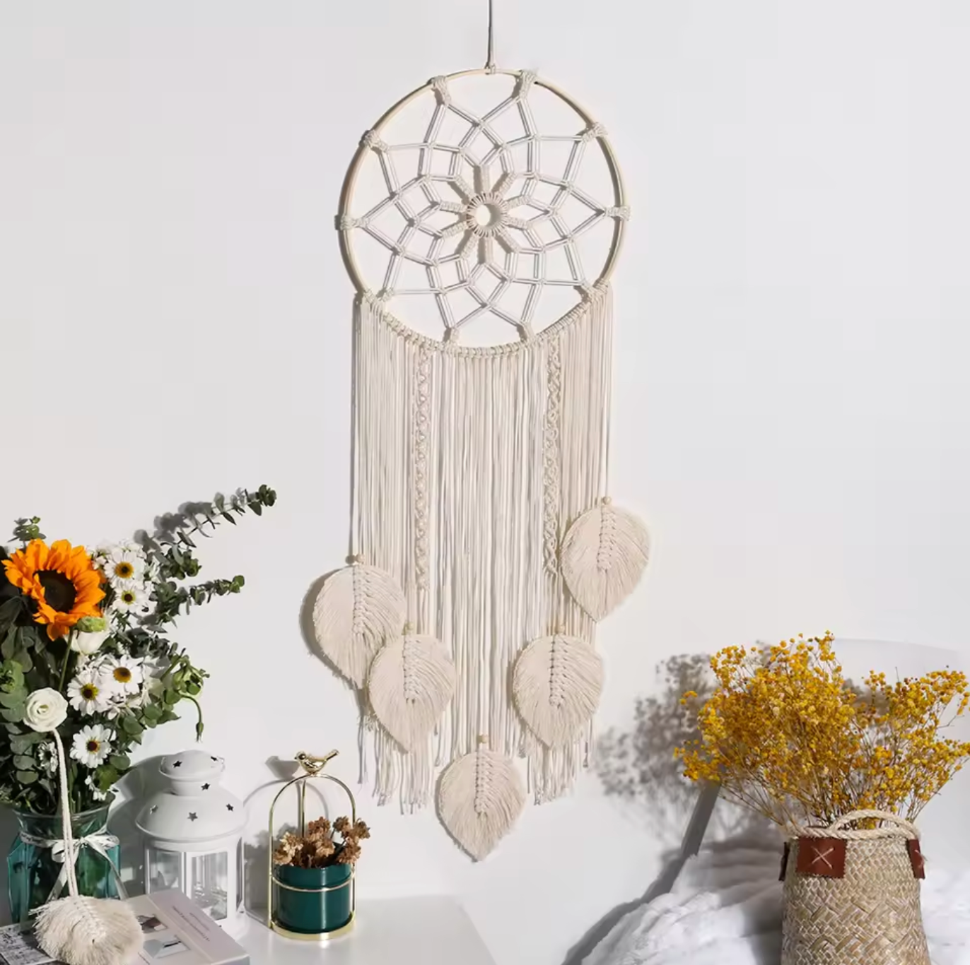 Large Macrame Dream Catcher Wall Hanging with Leaf Tassels