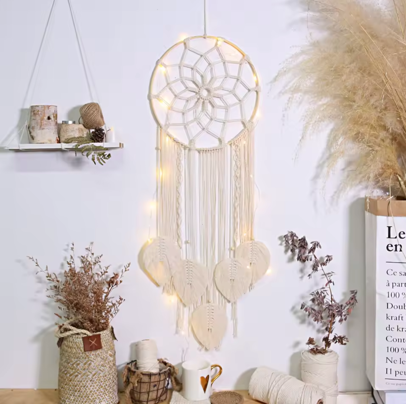 Large Macrame Dream Catcher Wall Hanging with Leaf Tassels
