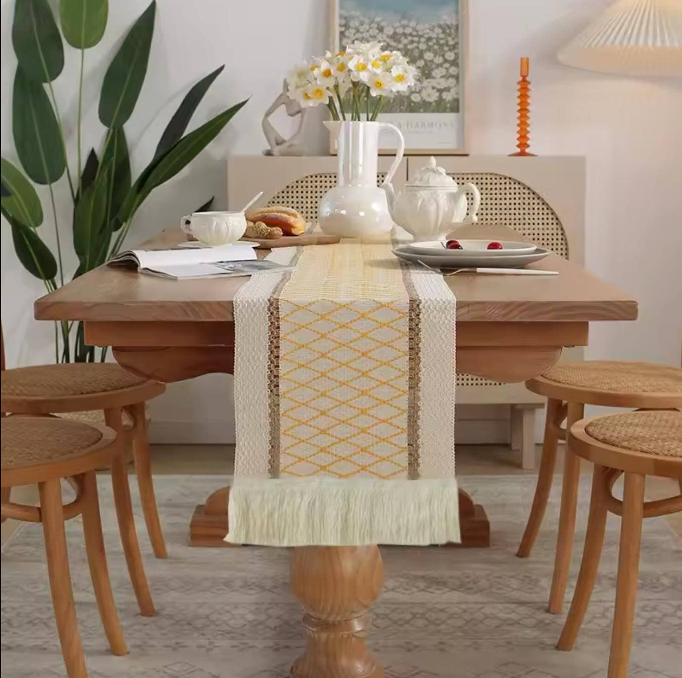 Geometric Boho Colorful Table Runner with Fringe