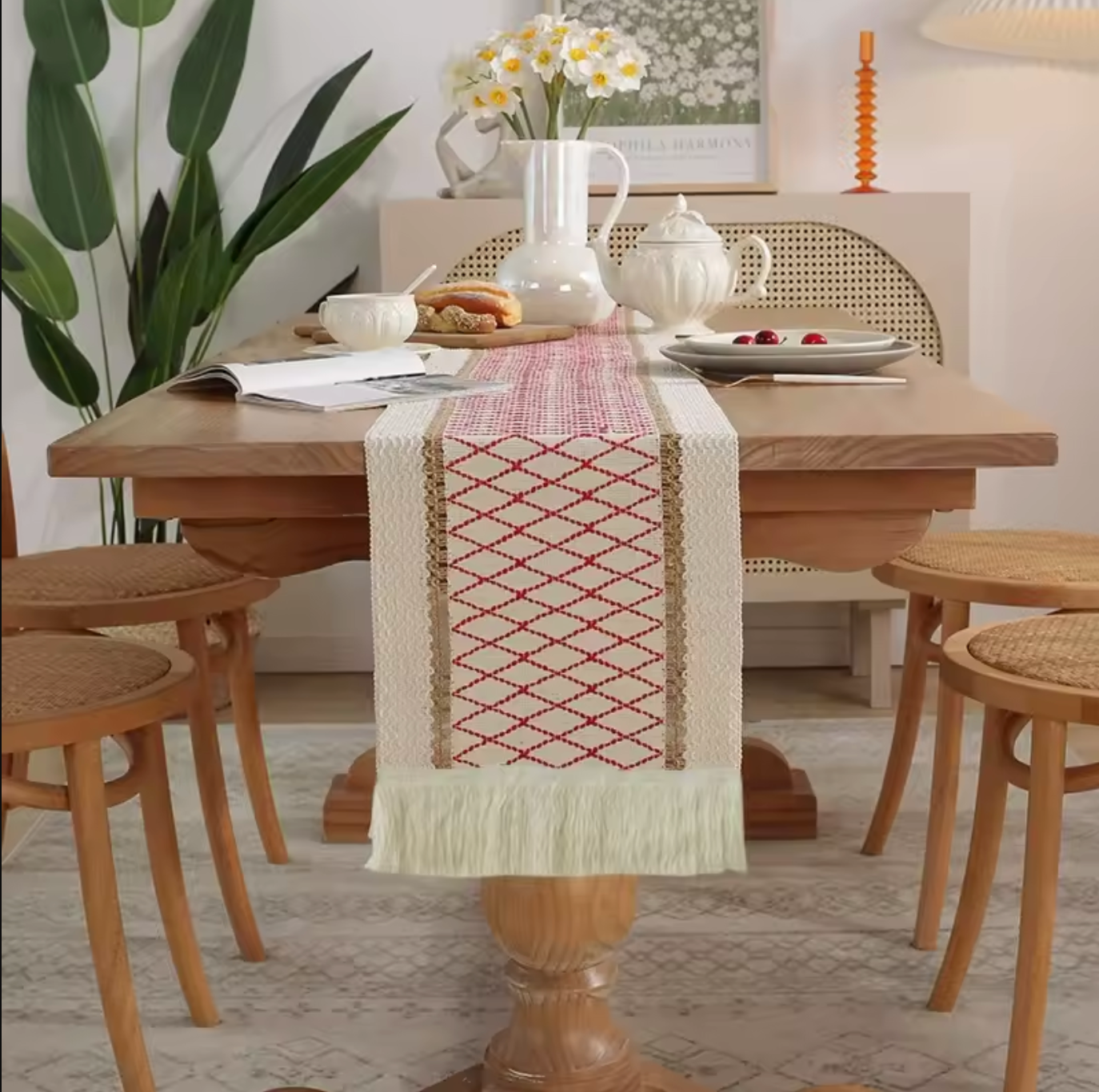 Geometric Boho Colorful Table Runner with Fringe