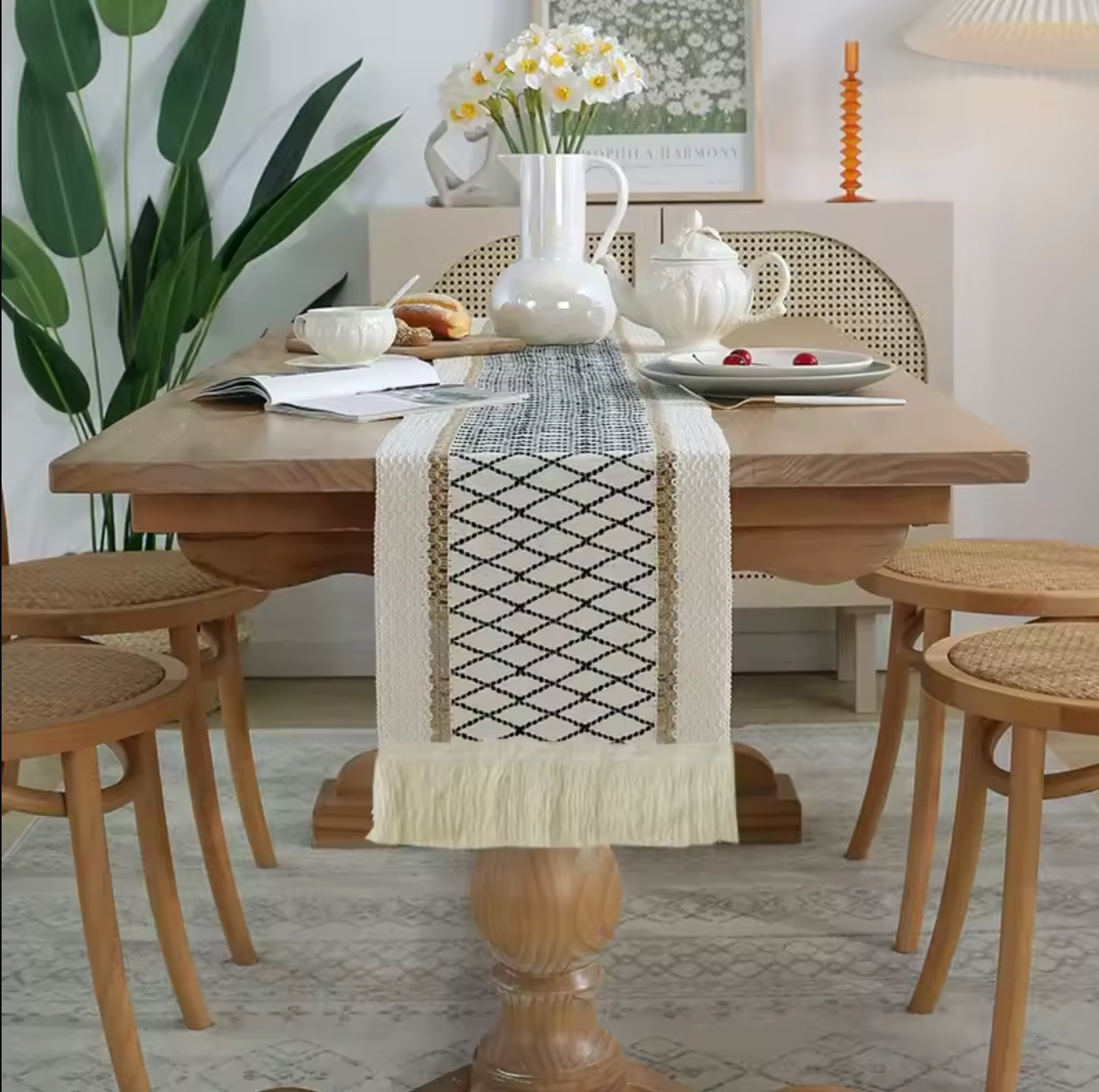 Geometric Boho Colorful Table Runner with Fringe