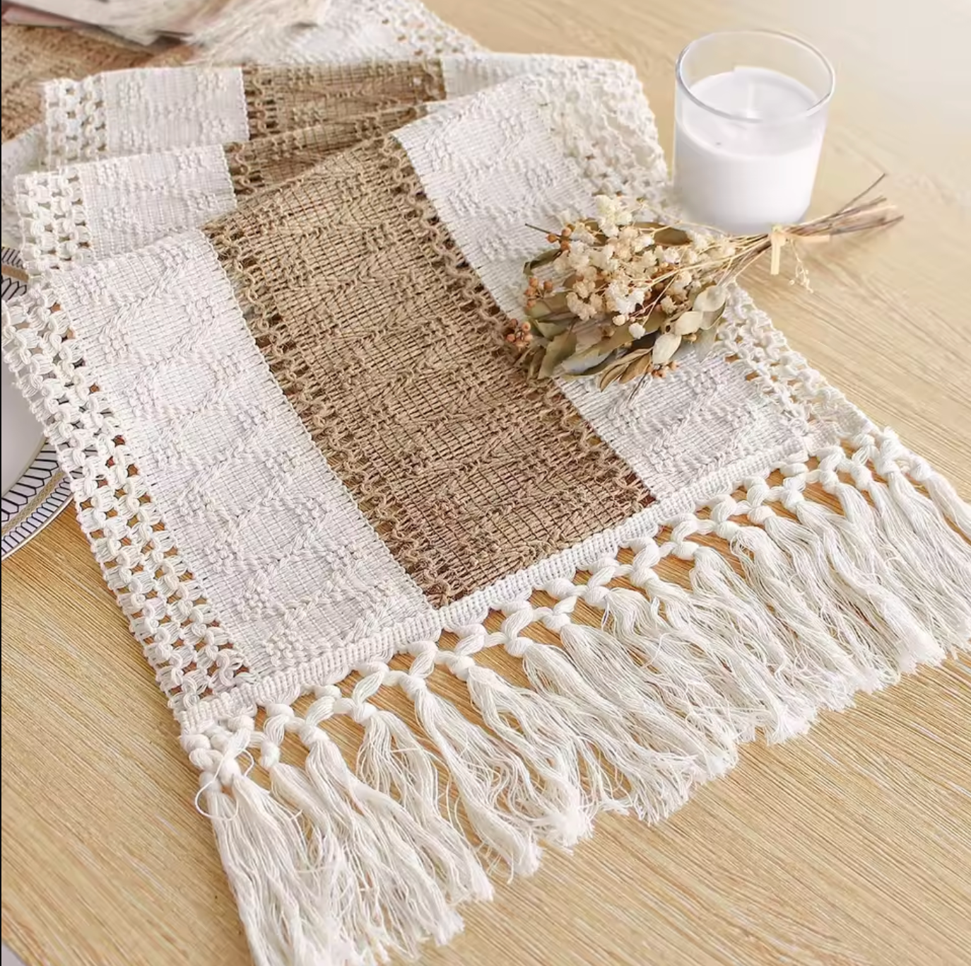 Burlap and Linen Macrame Table Runner with Tassels