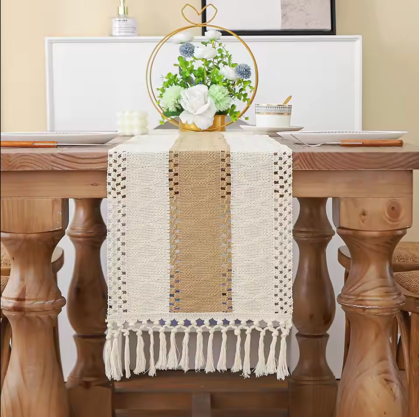 Burlap and Linen Macrame Table Runner with Tassels