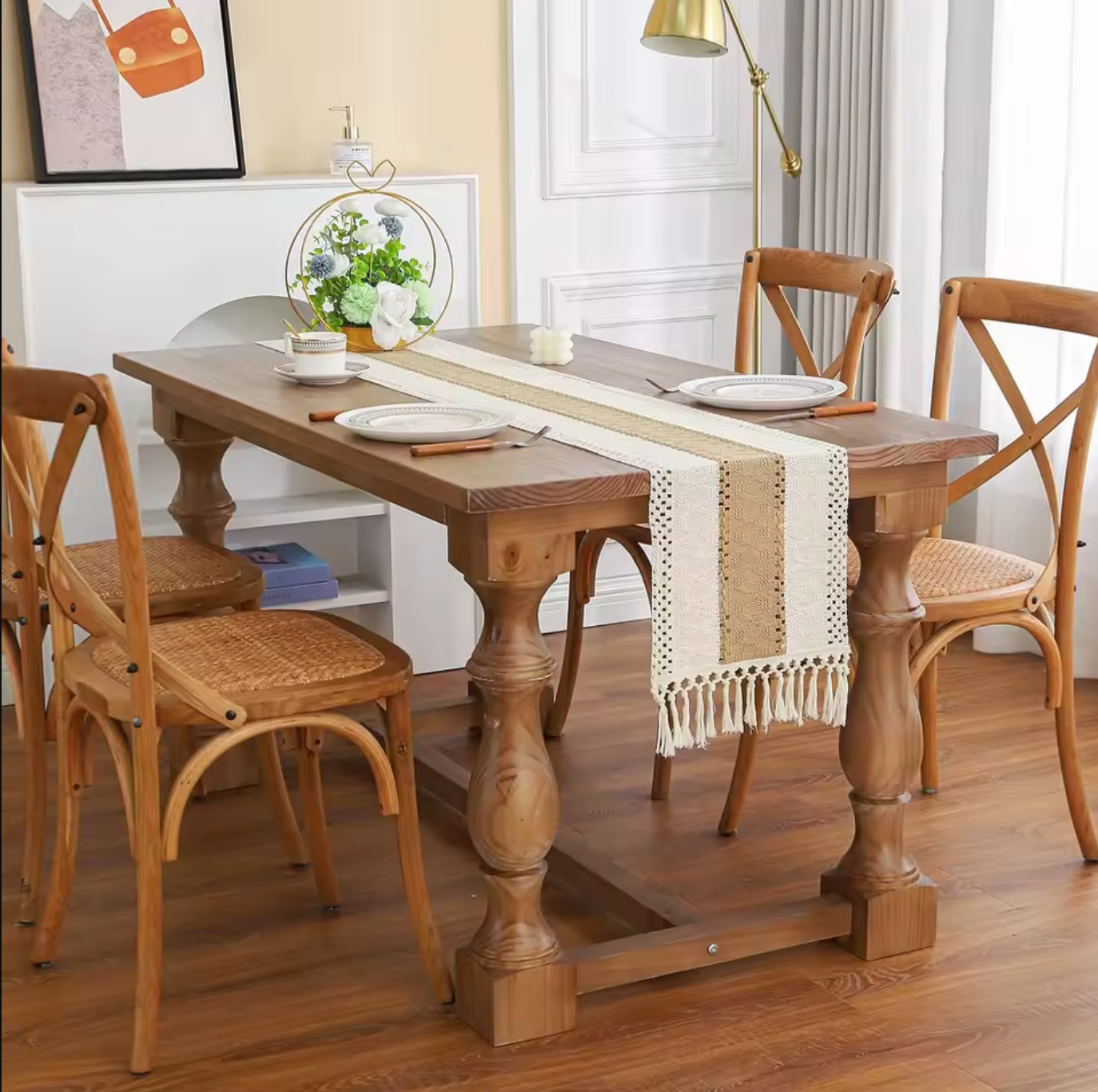 Burlap and Linen Macrame Table Runner with Tassels