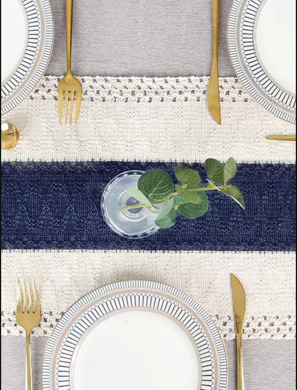 Boho Blue and White Table Runner with Tassels for Dining Table Decor