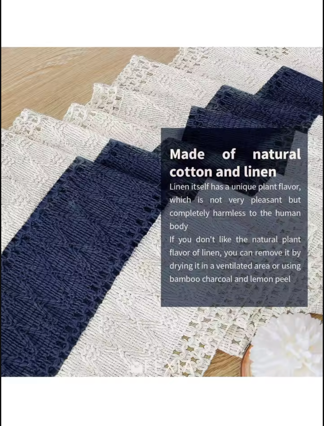 Boho Blue and White Table Runner with Tassels for Dining Table Decor