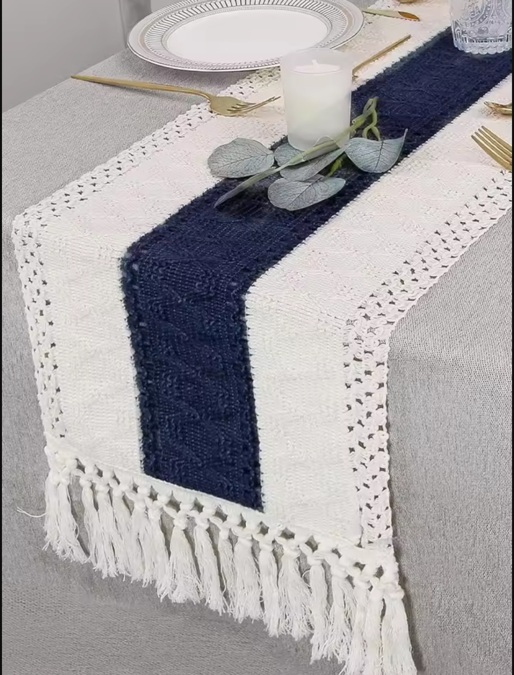 Boho Blue and White Table Runner with Tassels for Dining Table Decor
