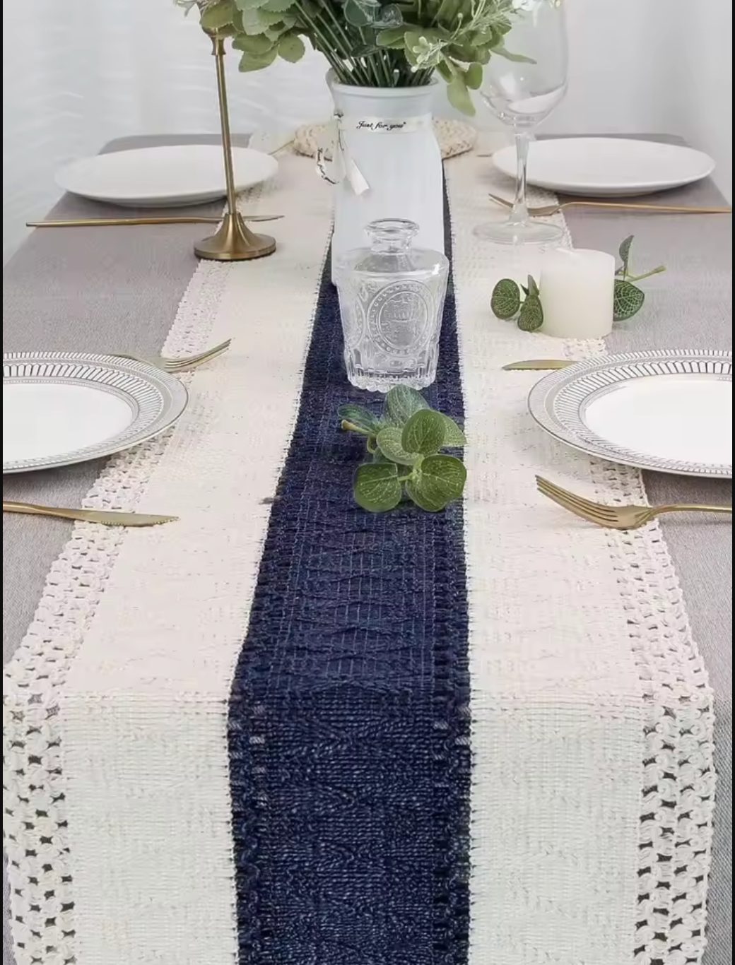 Boho Blue and White Table Runner with Tassels for Dining Table Decor