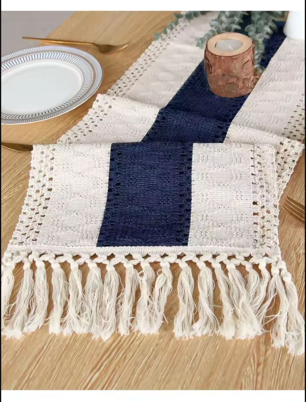 Boho Blue and White Table Runner with Tassels for Dining Table Decor