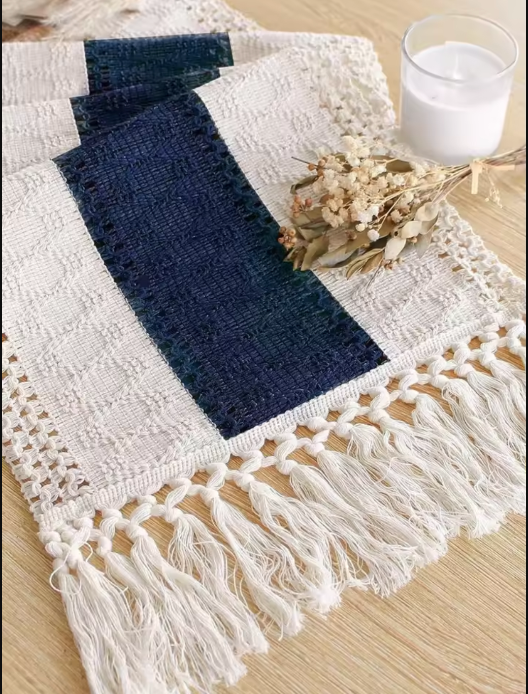 Boho Blue and White Table Runner with Tassels for Dining Table Decor