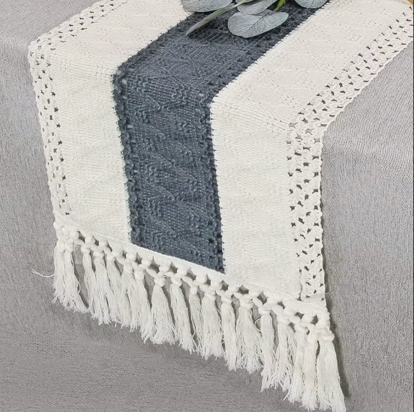 Woven Table Runner with Tassels Ivory and Grey Fringe