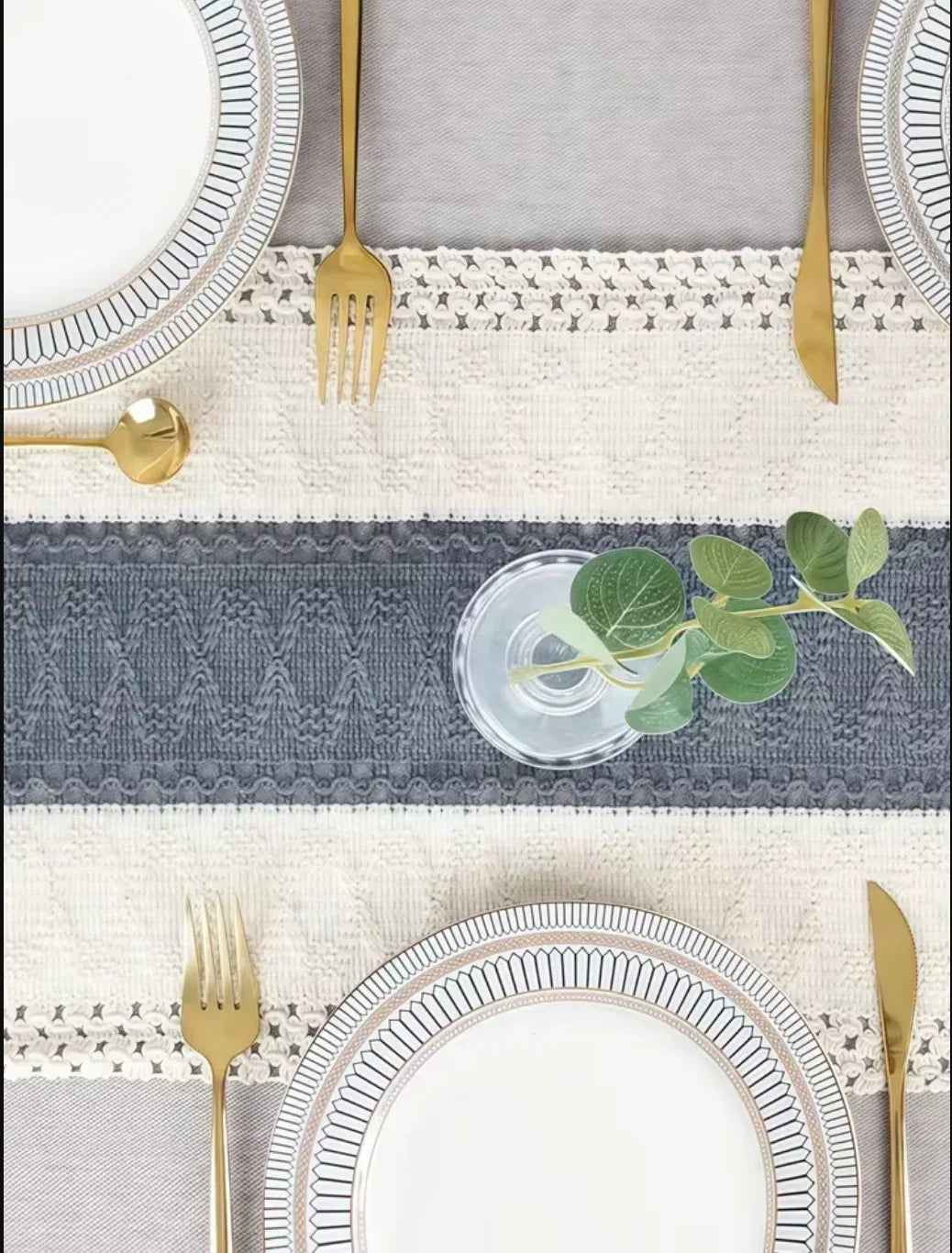 Woven Table Runner with Tassels Ivory and Grey Fringe