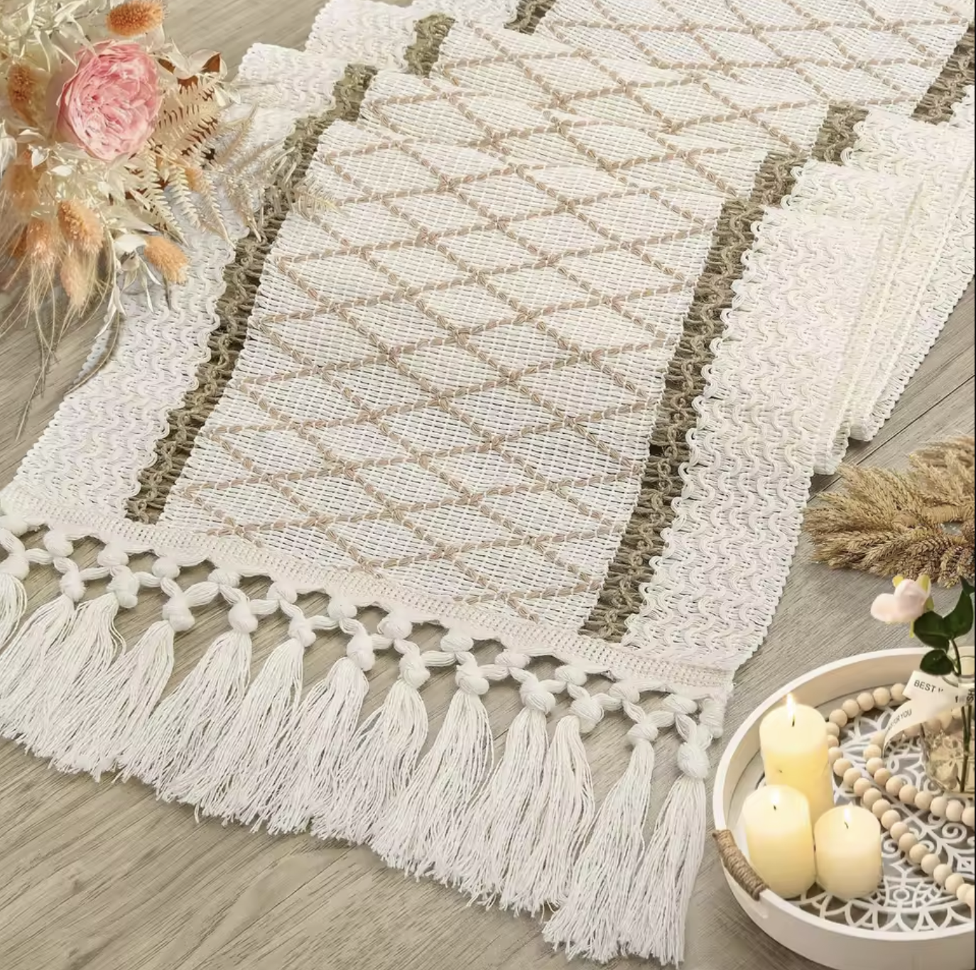 Two-Tone Tassel Table Runner for Dining Room