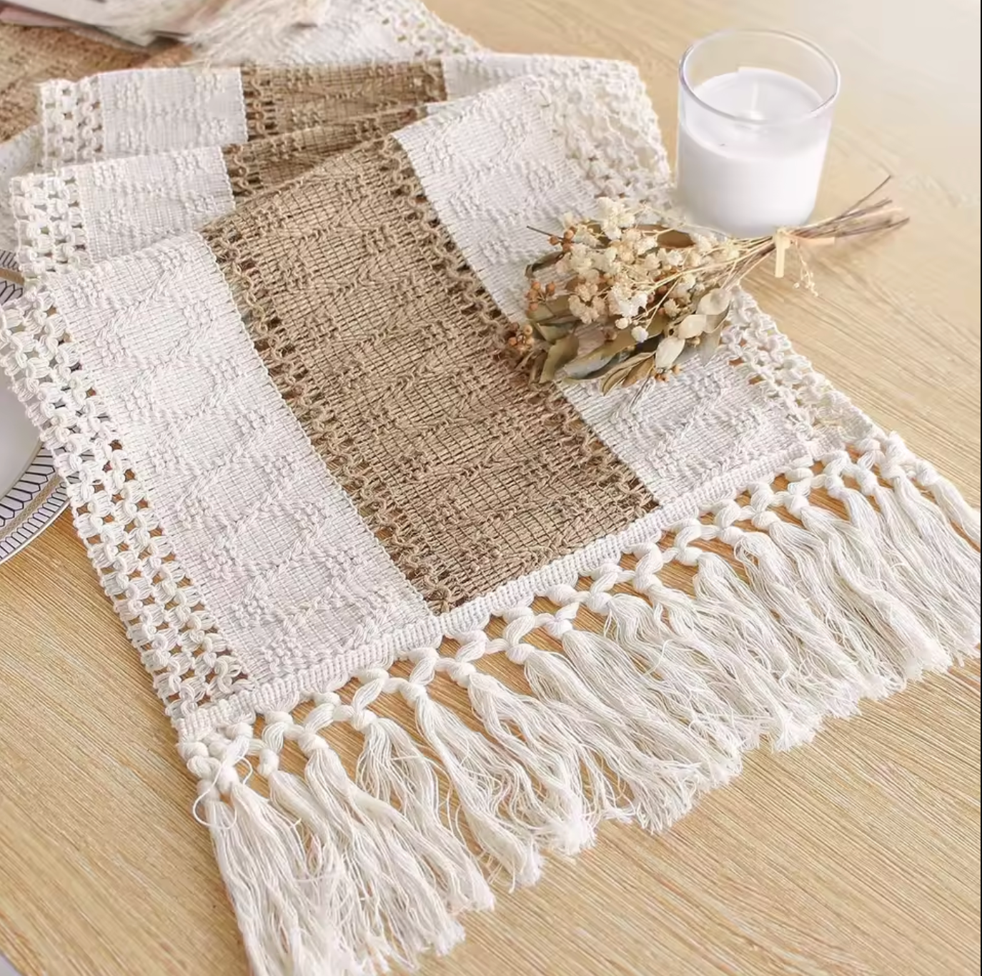 Two-Tone Tassel Table Runner for Dining Room