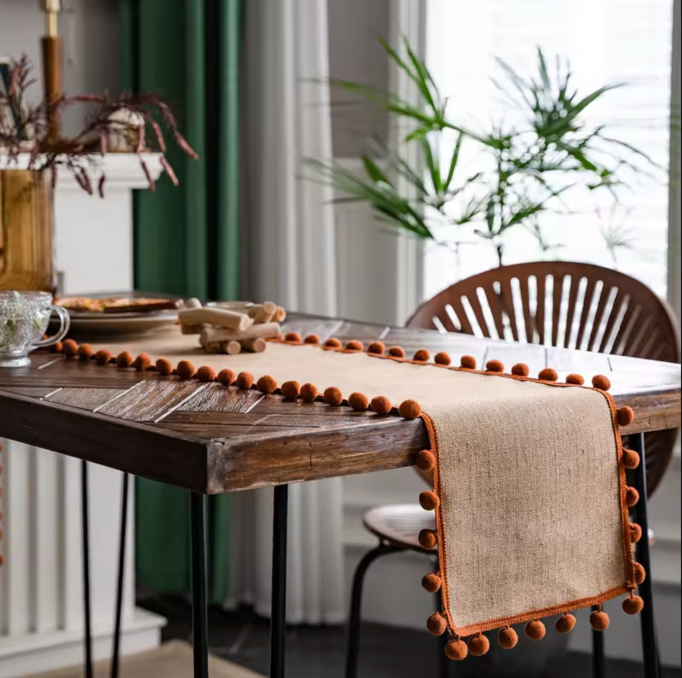 Fall Table Runner with Pom Pom Christmas Runner for Coffee Table
