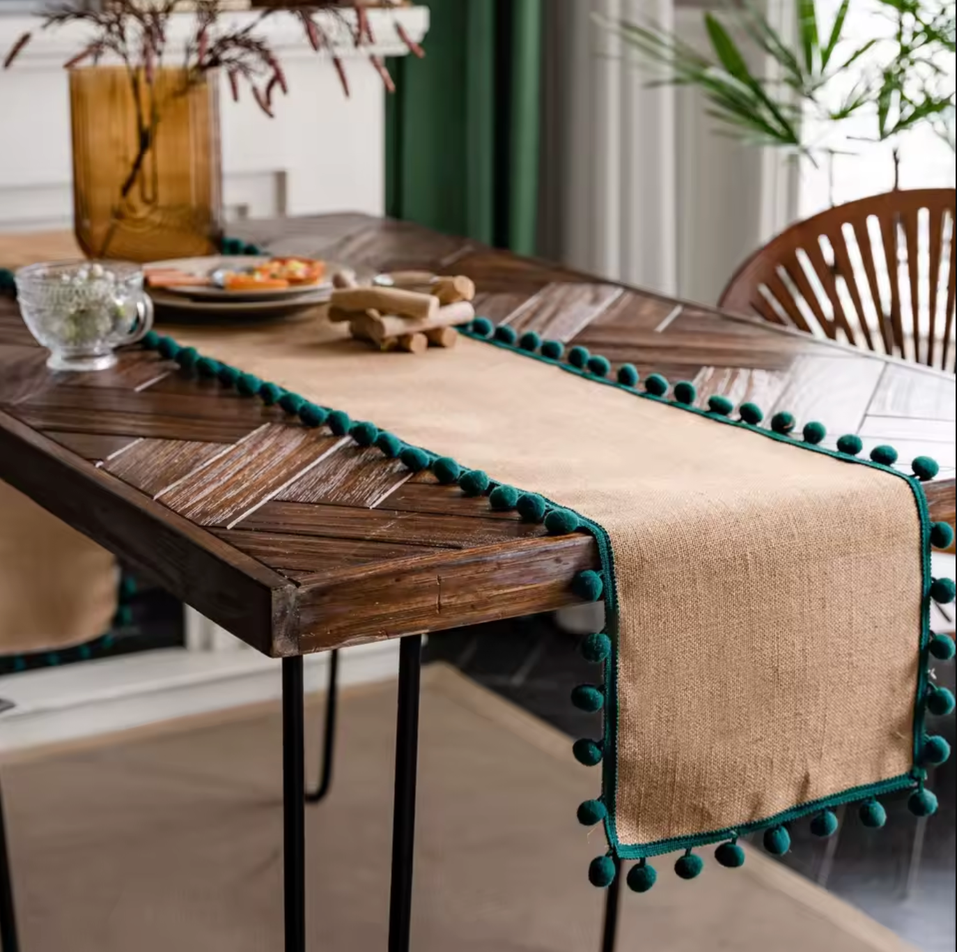 Fall Table Runner with Pom Pom Christmas Runner for Coffee Table