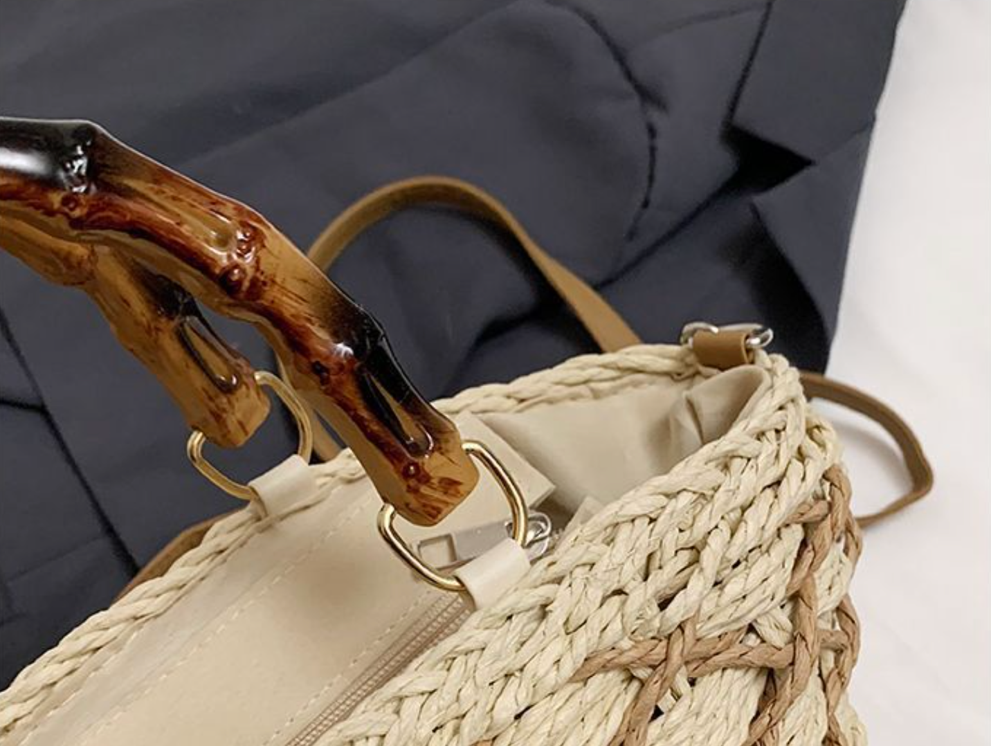 Woven Beach Summer Tote Bag with Bamboo Handles