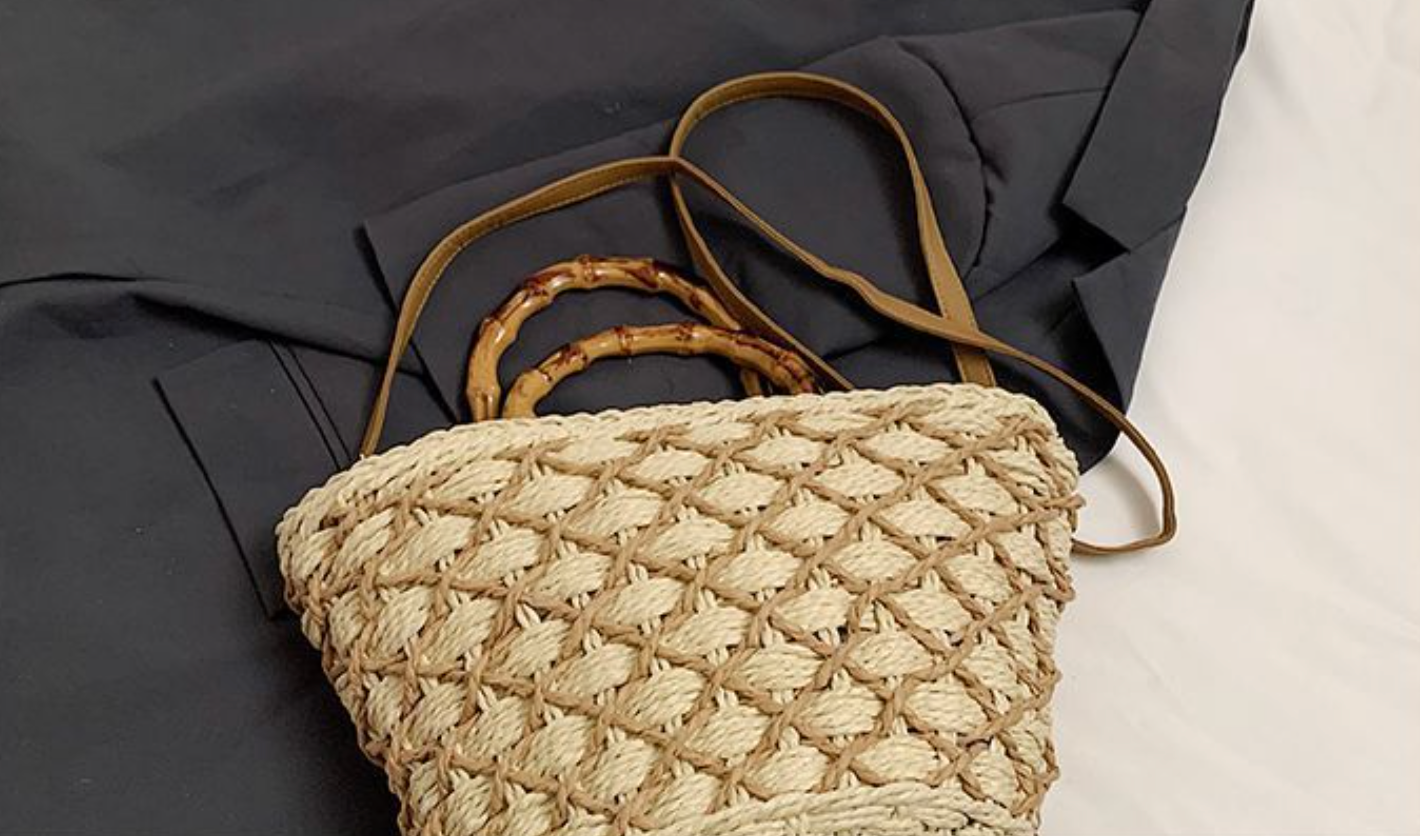Woven Beach Summer Tote Bag with Bamboo Handles