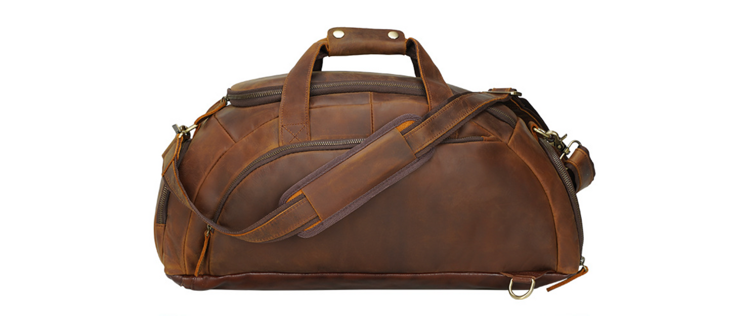 Mens Leather Travel Duffle Bag with Shoe Compartment