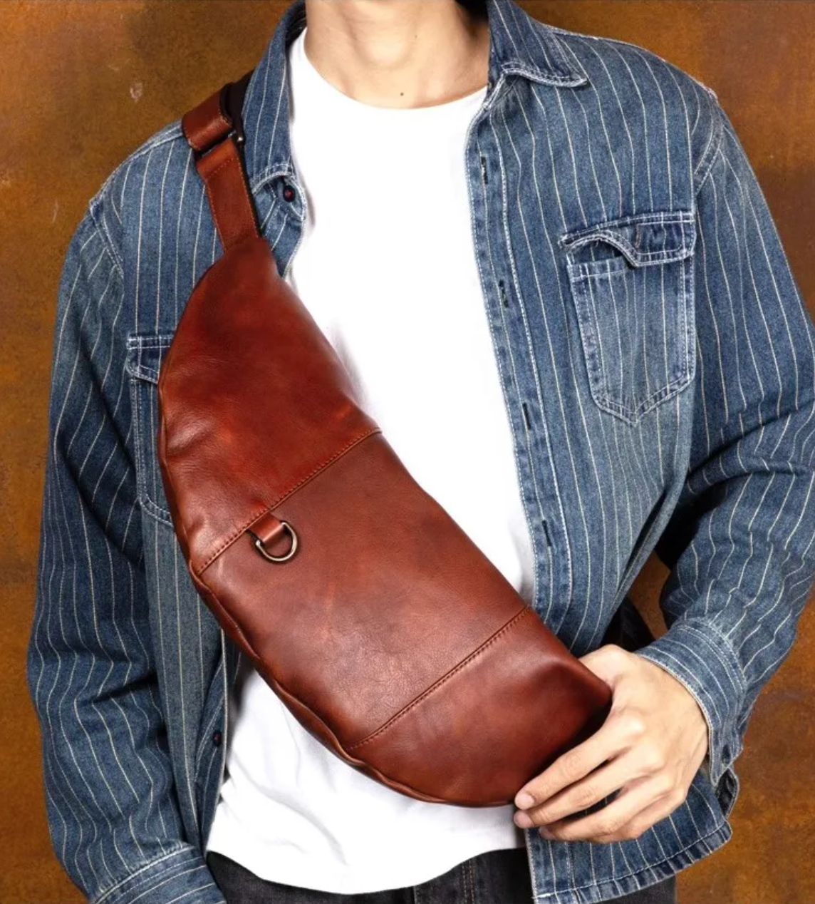 Men's Genuine Leather Crescent Chest Bag