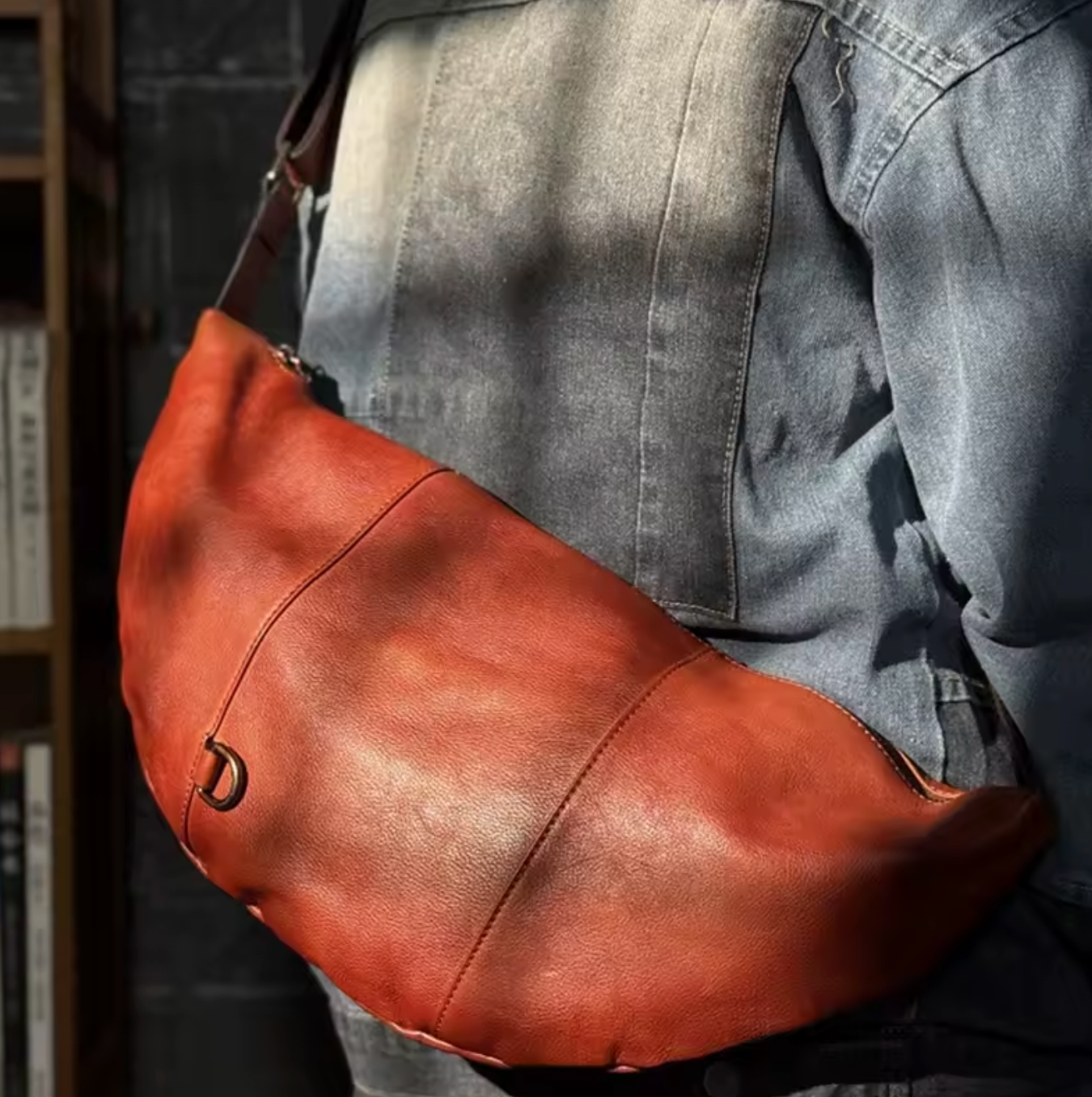Men's Genuine Leather Crescent Chest Bag