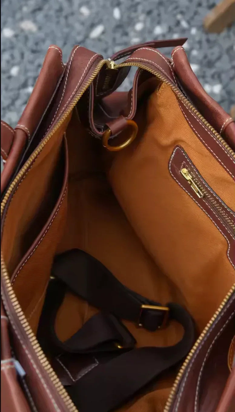 Large Genuine Leather Office Tote With Crossbody Strap