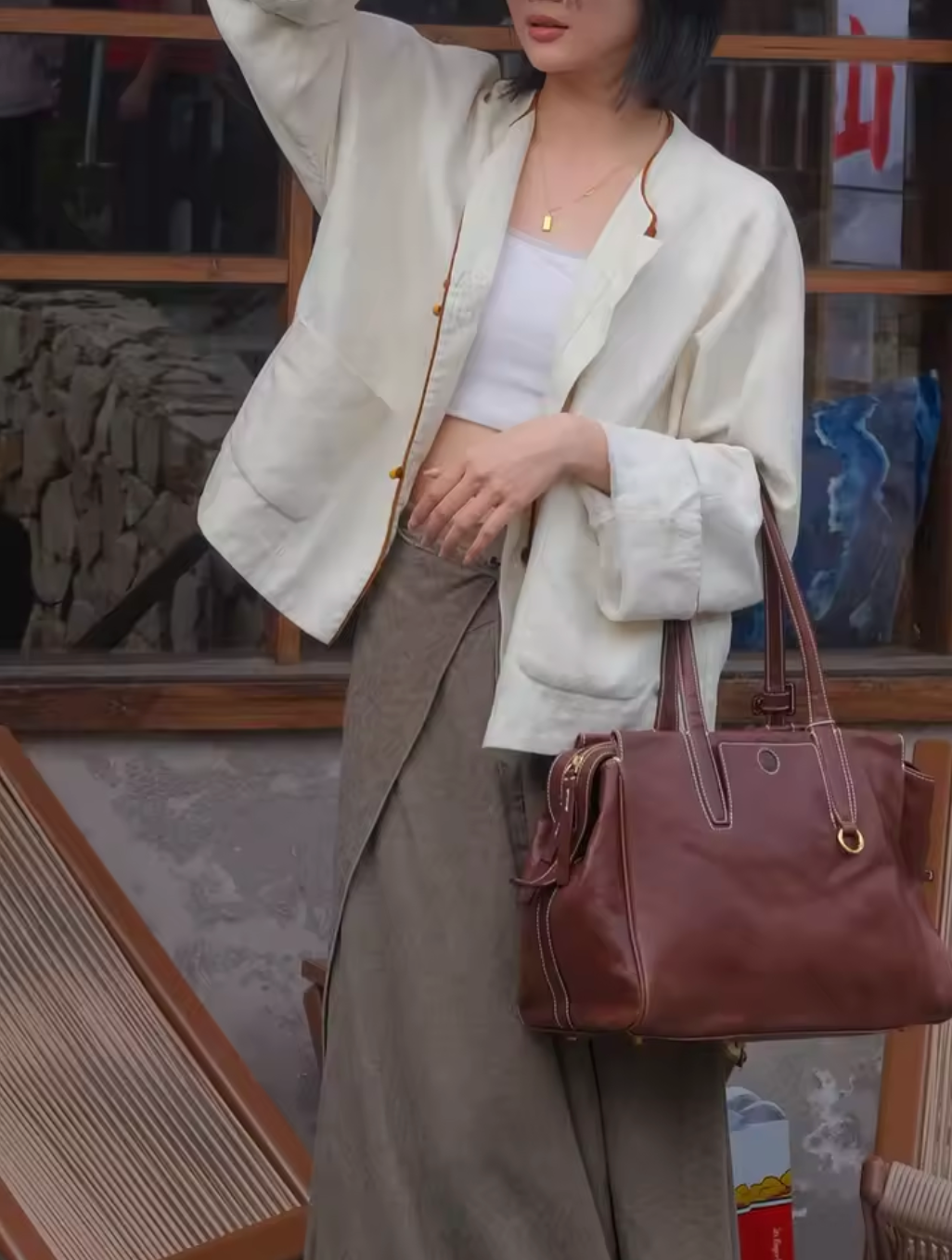 Large Genuine Leather Office Tote With Crossbody Strap