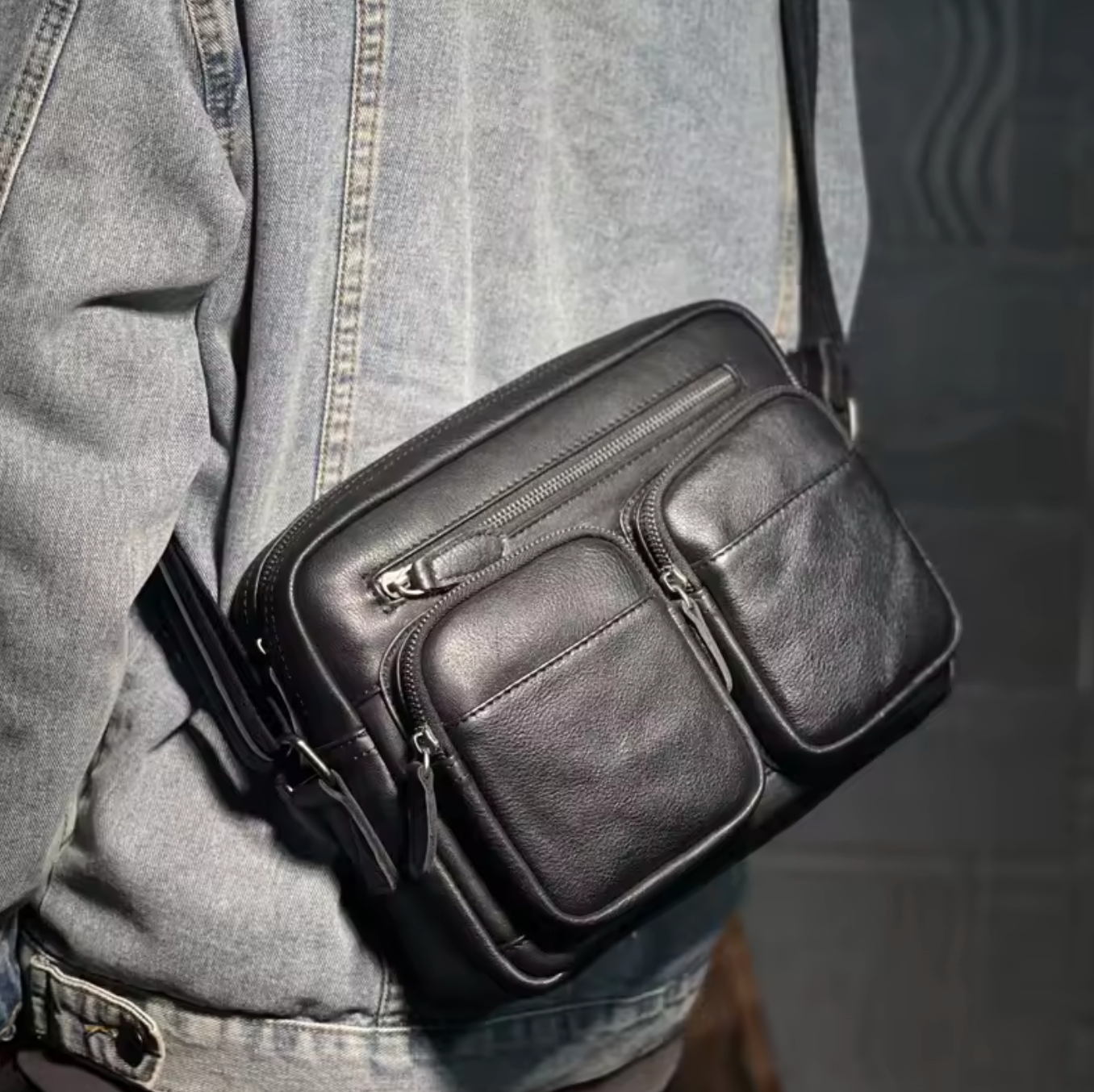 Men’s Genuine Black Leather Messenger Chest Bag