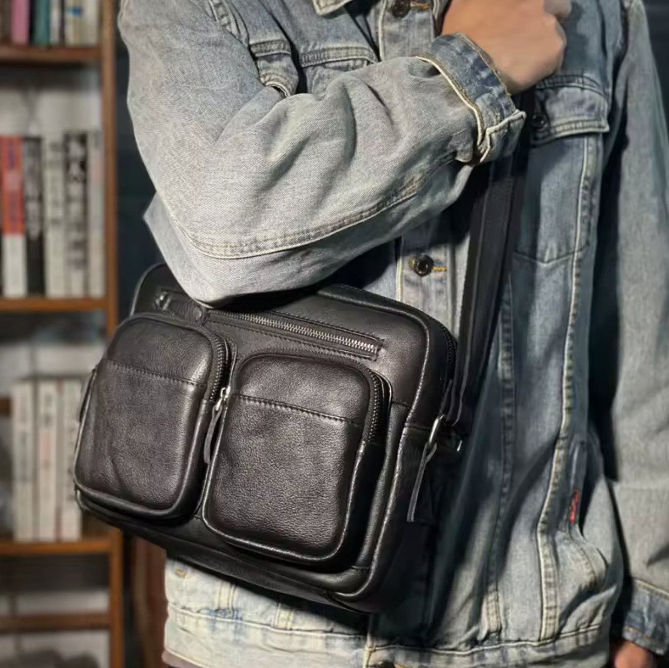 Men’s Genuine Black Leather Messenger Chest Bag