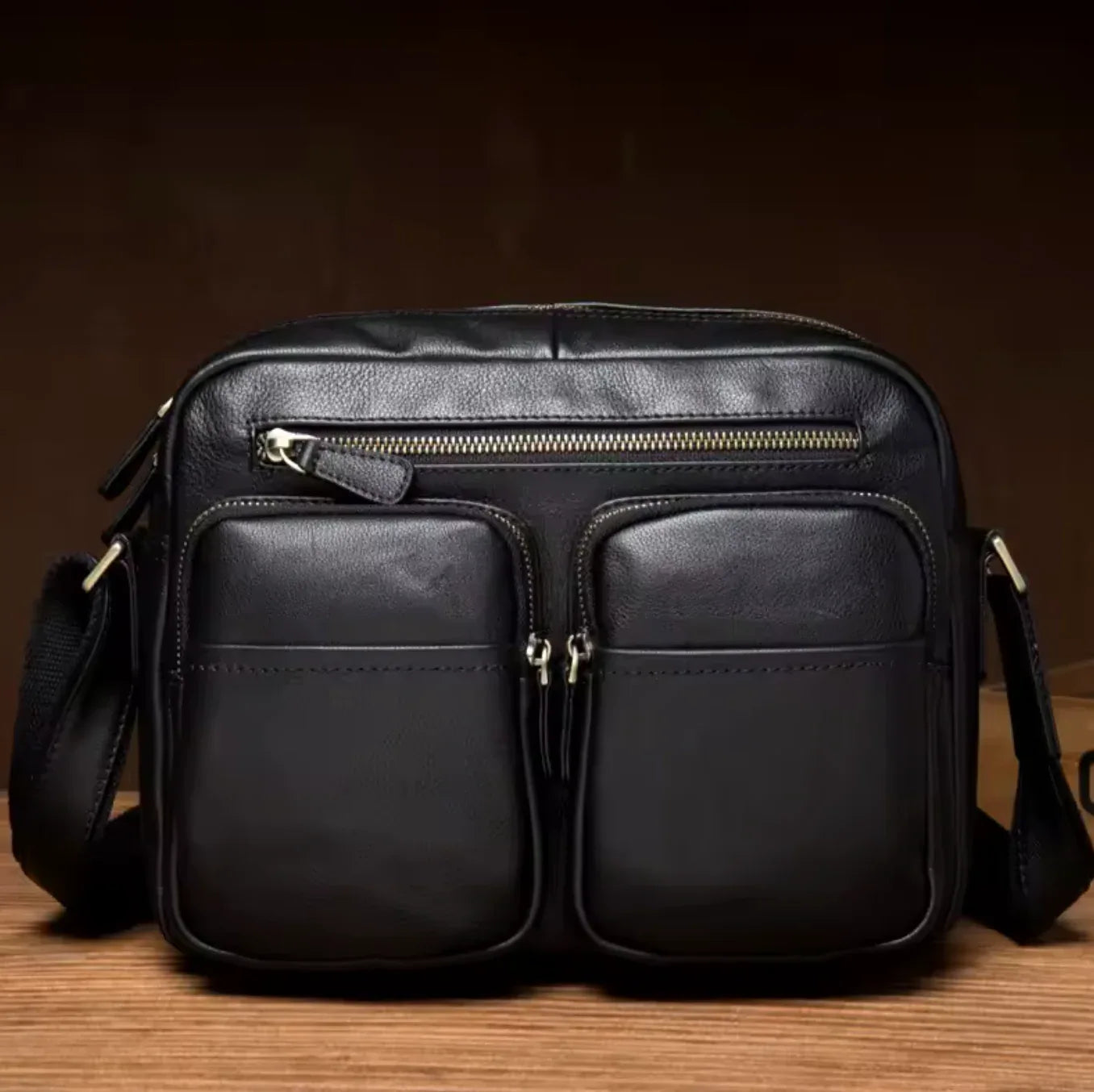 Men’s Genuine Black Leather Messenger Chest Bag