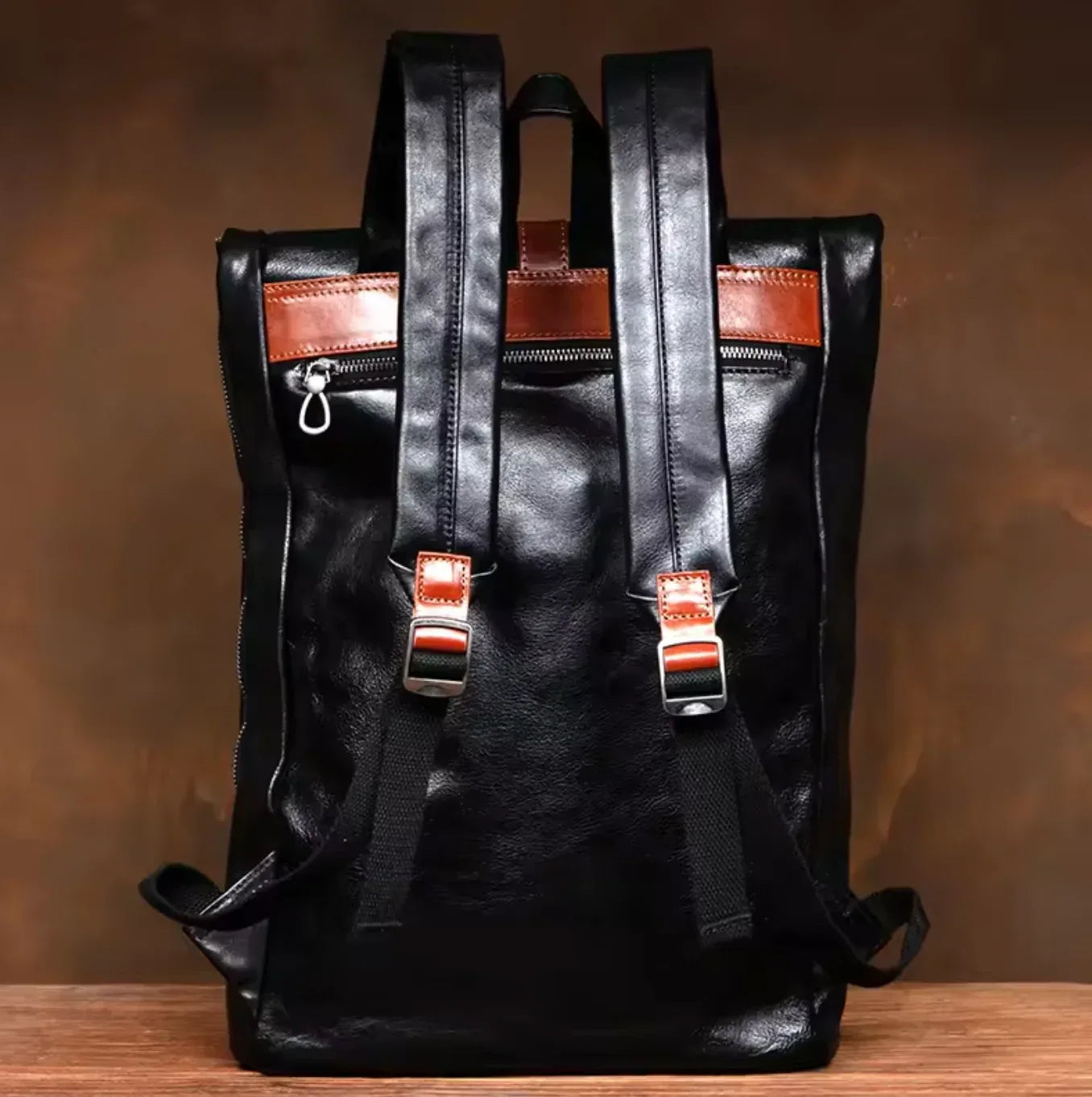 Men Leather Backpack Black and Brown Rucksack