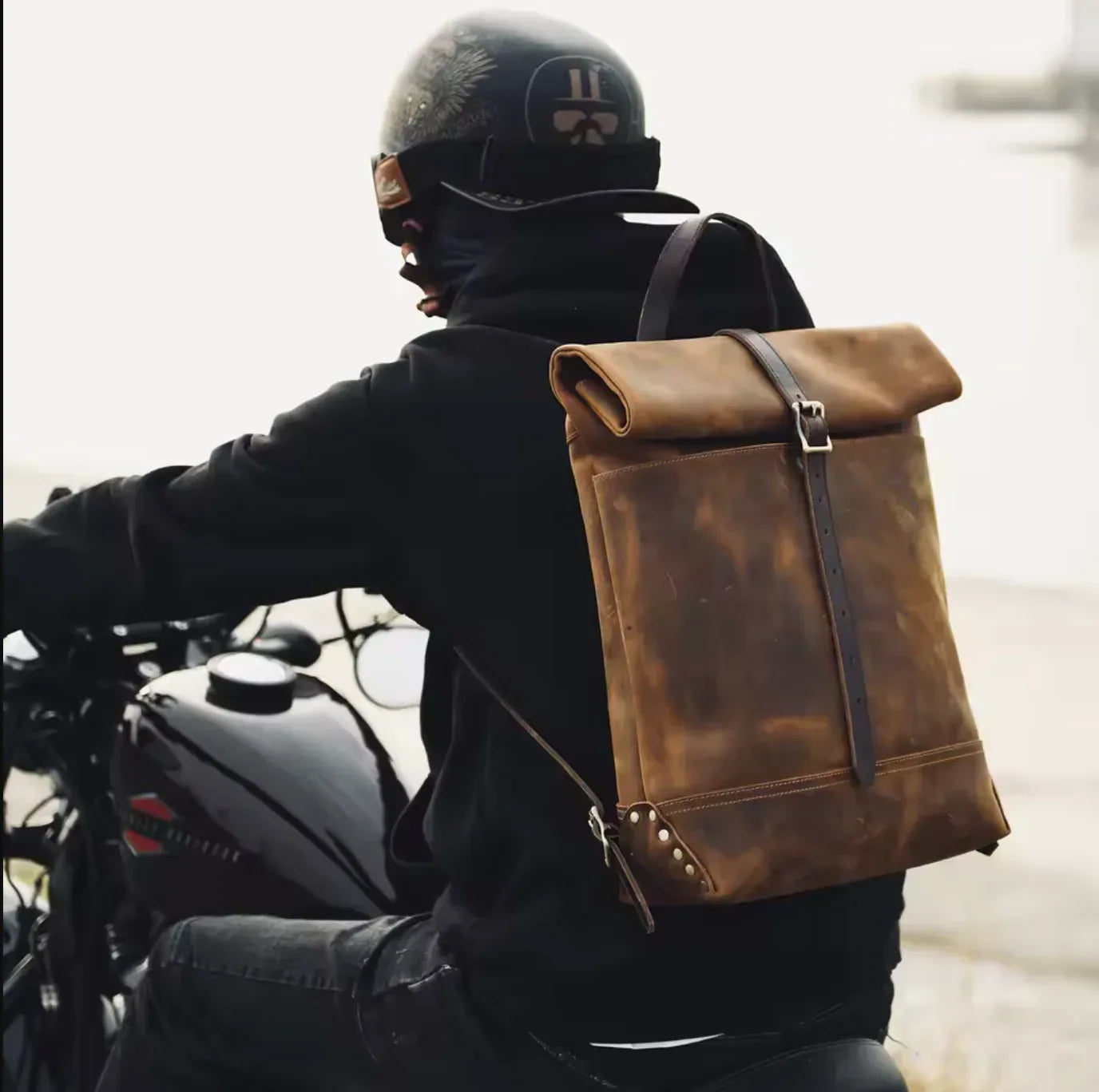 Leather Roll Top Backpack Retro Distressed Travel Rucksack