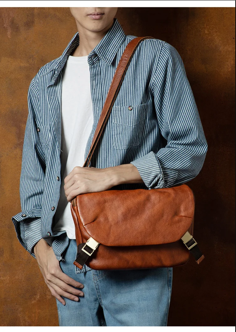 Men’s Genuine Leather Messenger Crossbody Chest Bag