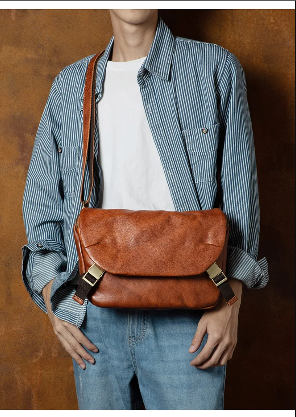 Men’s Genuine Leather Messenger Crossbody Chest Bag