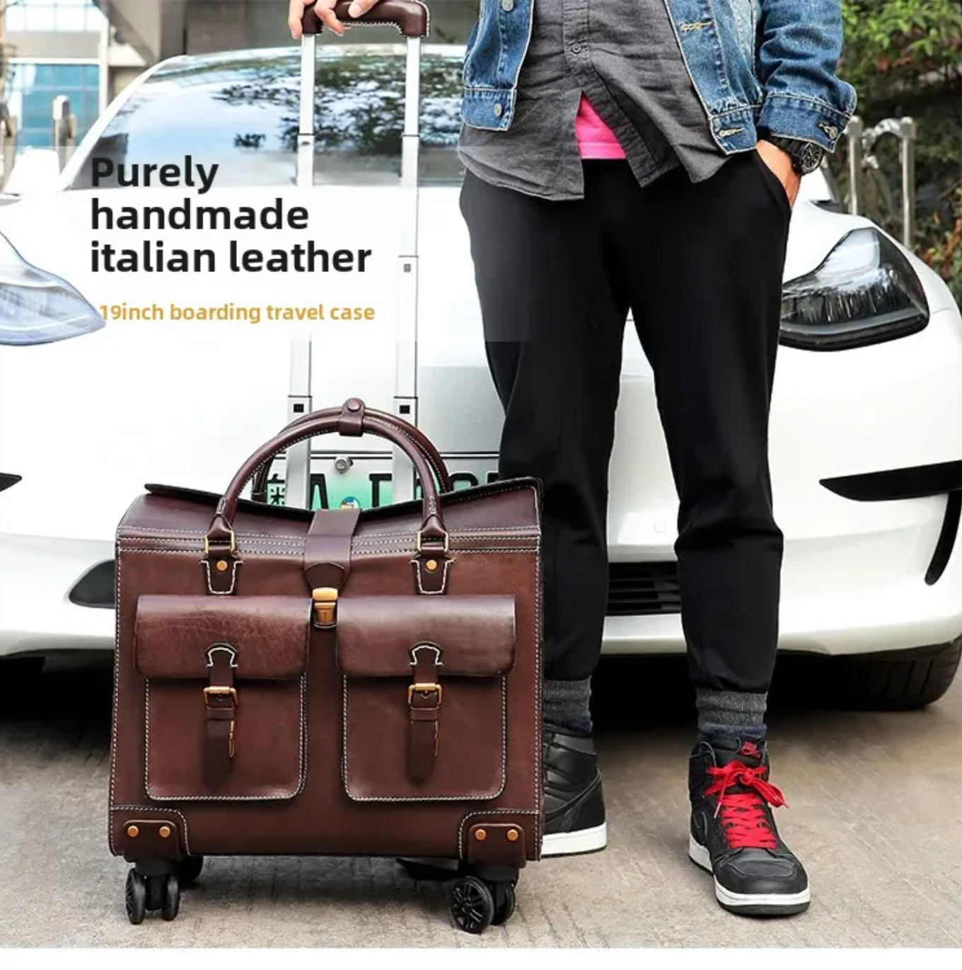 19 Inch Genuine Cowhide Rolling Luggage for Men & Women