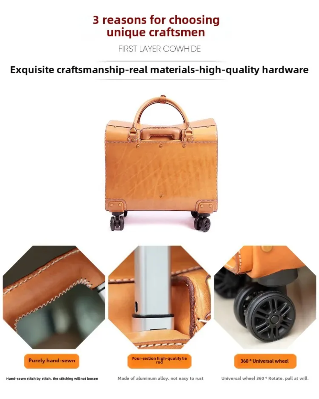 19 Inch Genuine Cowhide Rolling Luggage for Men & Women
