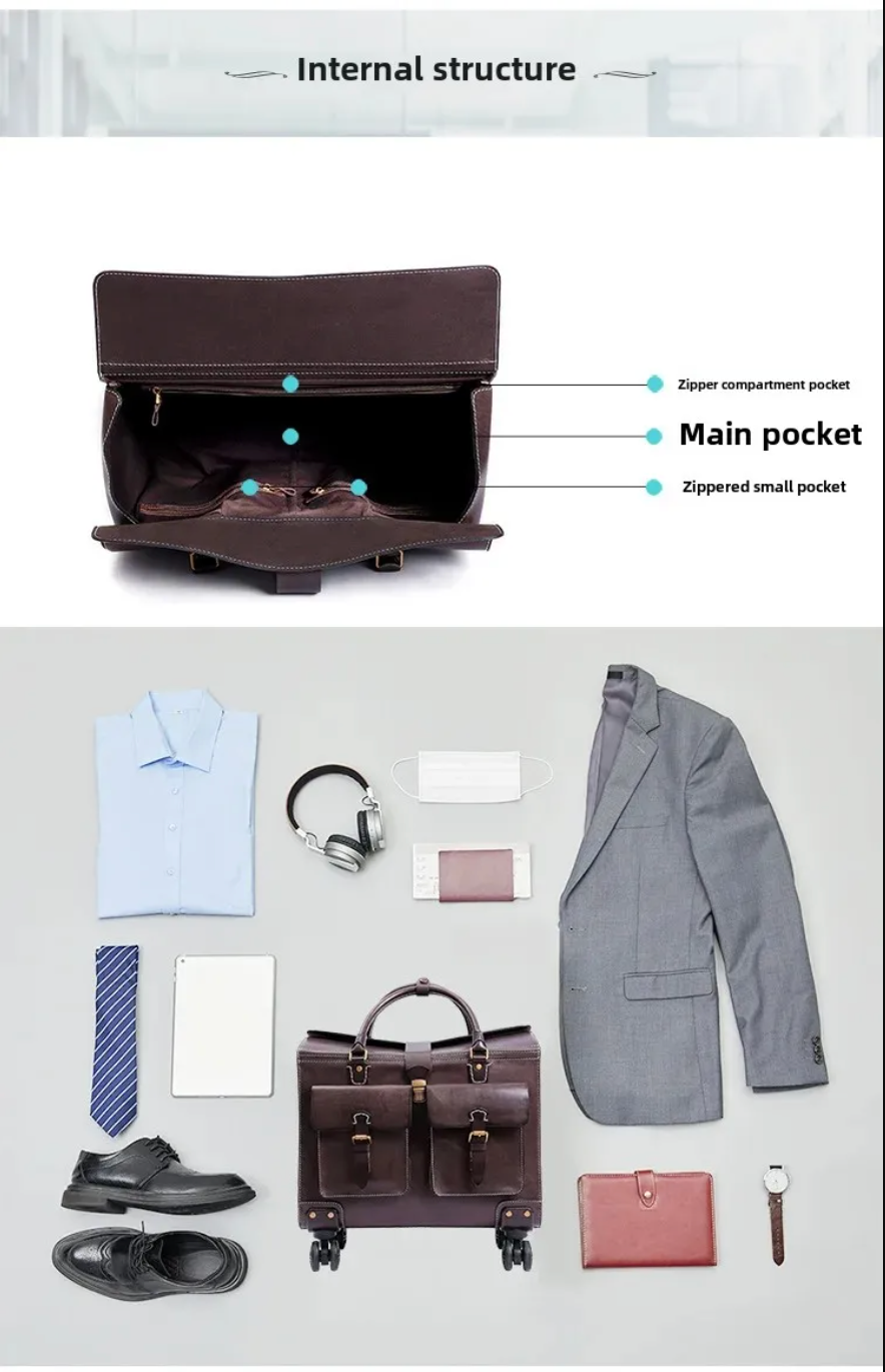 19 Inch Genuine Cowhide Rolling Luggage for Men & Women