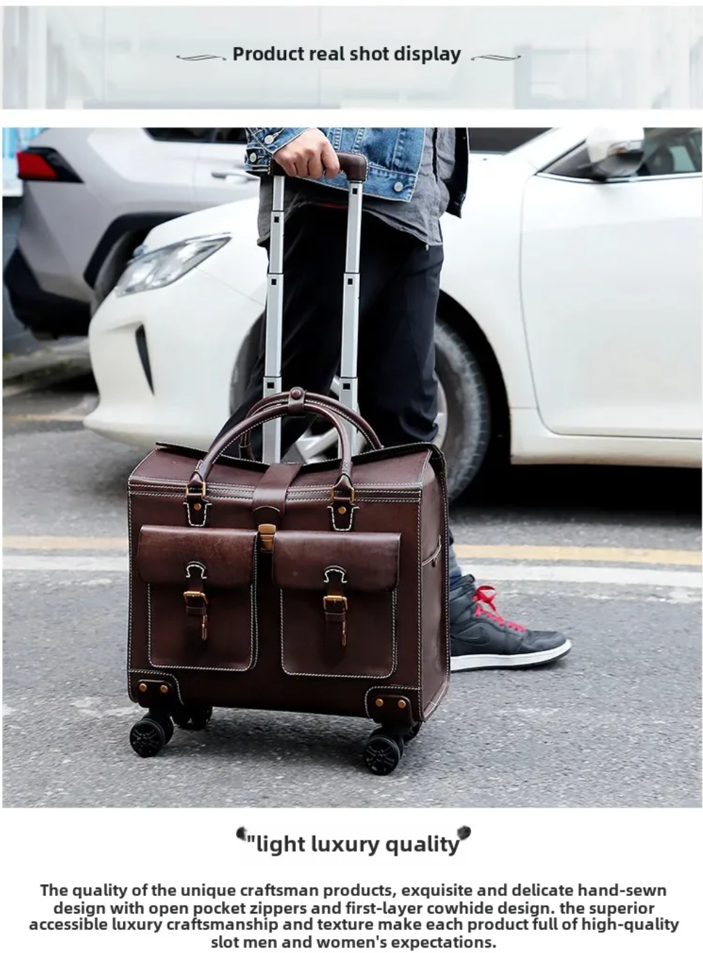 19 Inch Genuine Cowhide Rolling Luggage for Men & Women