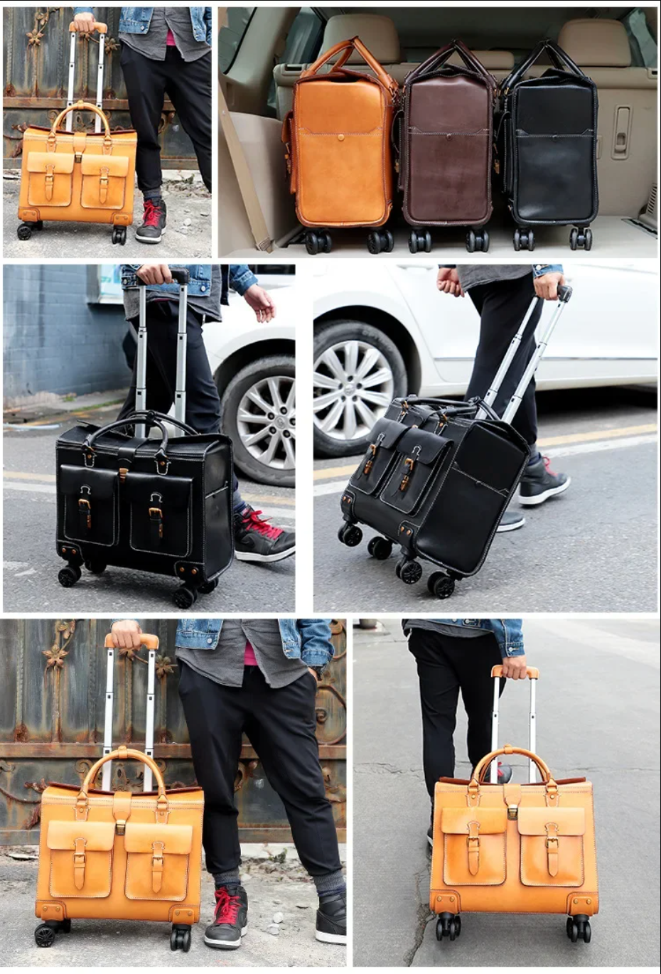 19 Inch Genuine Cowhide Rolling Luggage for Men & Women