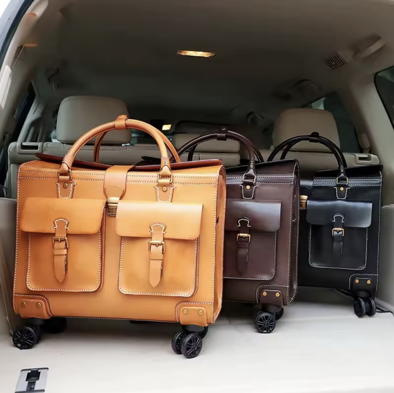 19 Inch Genuine Cowhide Rolling Luggage for Men & Women